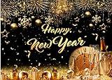 CYLYH 7x5FT Happy New Year 2025 Backdrop - Golden Particles Bokeh Black and Gold Photography Background for 2024 Party
