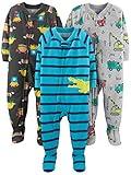 Simple Joys by Carter's Baby Boys' 3-Pack Loose Fit Flame Resistant Polyester Jersey Footed Pajamas, Blue Alligator/Dark Grey Fun Food/Grey Trucks, 12 Months