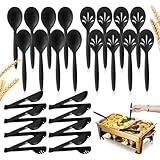 RayPard Reusable Plastic Serving Utensils Set of 24, Wheat straw Large Serving set 10" Serving Spoons/10" Slotted Spoons/9.4" Tongs, for Party Chafing Dish Buffet Catering (Black, Not for Cooking)