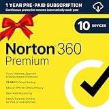 Norton 360 Premium 2025, Antivirus software for 10 Devices with Auto Renewal - Includes VPN, PC Cloud Backup & Dark Web Monitoring [Download]