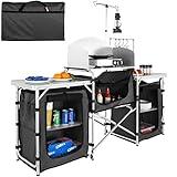 VEVOR Camping Kitchen Table, Folding Outdoor Cooking Table with Storage Carrying Bag, Aluminum Cook Station 3 Cupboard & Detachable Windscreen, Quick Set-up for Picnics, BBQ, RV Traveling, Black