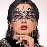 Tgirls Rhinestone Masquerade Mask Tassel Beaded Lace Masks Crystal Face Mask Costume Party Eye Mask (Blue)