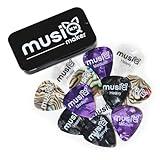 Guitar Picks by Musiq Maker | 12 Pack- Guitar Picks Medium & Heavy - Variety Pack | 1 Tin Organizer | Acoustic Guitar Picks | Electric Guitar Picks, Electric Bass Picks, Celluloid Picks for Guitar.