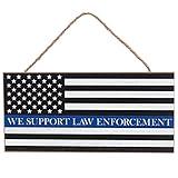 GiftWrap Etc. Support Law Enforcement Wooden Sign - 12.5" x 6", Black, White & Blue American Flag, Police Appreciation, 4th of July, Thin Blue Line Awareness, Wreath, Veterans Day, Yard Decor, Home Decoration