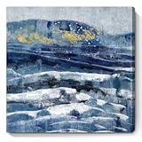 Bathroom Wall Art Blue Black Abstract Mountain with Yellow on Canvas Nature Seascape Print White Ocean Waves Landscape Coastal Artwork Modern Textured Painting for Home Lake Seaside Bedroom 14x14inch