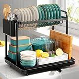 Sakugi Dish Drying Rack - Stainless Steel Dish Rack for Kitchen Counter, 2-Tier Kitchen Organizers and Storage Rack with Drainboard and Cutlery Holder, Large, Black
