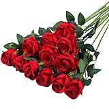 Hawesome 12PCS Artificial Silk Flowers Realistic Roses Bouquet Long Stem for Home Wedding Decoration Party A-Red -1