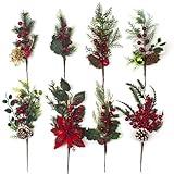 8Pack Artificial Christmas Picks - Assorted Red Berry Picks Stems & Faux Pine Picks Spray with Pinecones, Apples & Holly Leaves for Stunning Holiday Décor & Wreath Creations!