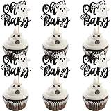 24 PCS Halloween Ghost Oh Baby Cupcake Toppers Glitter Spooky Baby Shower Cupcake Picks for Halloween Theme Baby Shower Kids Birthday Party Cake Decorations Supplies