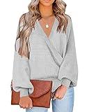 LookbookStore Sweater for Women 2025 Knit Long Sleeve Faux Wrap Surplice V Neck Sweater Tops Fall Clothes for Woman Balloon Sleeve Cute Top Light Grey Size XX-Large Size 20 22