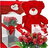 Valentine's Day Gift Basket | Teddy Bear Plush 11 Inches, Dozen Belgian Milk Chocolate Flower Roses Bouquet, Gift Bag & Card | For Her Wife Girlfriend Mother Daughter (Love)