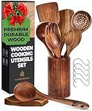 Wooden Spoons for Cooking, Wooden Cooking Utensils Set, Wooden Utensil Set with Holder, Spoon Rest & Hooks, Kitchen Gifts for Women, Kitchen Cookware – Durable Set of 8pcs by Woodenhouse