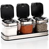 DEAYOU 3 Pack Glass Seasoning Box with Tray, Clear Condiment Canister with 18/10 Stainless Steel Lid and Spoon, Kitchen Spice Pot with Base, Salt Pepper Sugar Storage Container Jar Cruet for Desk