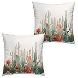 Wnoesat Cactus 16x16 Pillow Covers Set of 2 Tropical Plants Desert Green Succulent Cactus Red Flowers Pillow Case Farmhouse Spring Summer Outdoor Pillowcase for Bed Couch Sofa Living Room Decor