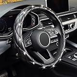 KAFEEK Diamond Soft Leather Steering Wheel Cover with Bling Bling Crystal Rhinestones, Universal 15 inch Anti-Slip, Car Interior Accessories for Women Girls, Black