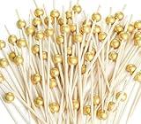 200PCS Cocktail Picks, Fancy Toothpicks for Appetizers, Decorative Bamboo Skewers for Appetizers Drinks Fruit, 4.7 Inch Long Wooden Gold Pearl Food Sticks Charcuterie Boards Accessories Party Supplies