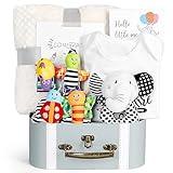 iAOVUEBY Baby Gift Set, Baby Shower Gifts, Black and White High Contrast Baby Toys 0-6 Months for Newborn Essentials Infant Rattle Socks Elephant Toys Blanket Onesies Baby Gift Basket for Girls Boys