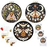 Hand Embroidery Starter Kits for Beginners Adults, Counted Stamped Cross Stitch Kit for Beginners Adults, Embroidery Needlepoint Kit with Moth Flower Pattern, 3 Hoops (Attached Teaching Video QR Code)