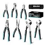 DURATECH 7-Piece Pliers Set with Rolling Pouch, Premium Cr-Ni Construction (10", 8" Groove Joint Pliers, 8", 6" Long Needle Nose, 8" Linesman, 6" Slip Joint, 6" Diagonal) for Basic Repair