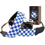 Padwa Lifestyle Blue White Plaid Camera Strap - 2" Wide Double Layer Cowhide Head,Cotton Camera Straps for Photographers,Grid Pattern Adjustable Camera Shoulder Neck Strap for All DSLR Cameras
