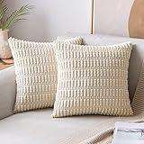 MIULEE Pack of 2 Corduroy Decorative Throw Pillow Covers 18x18 Inch Soft Boho Striped Pillow Covers Spring Modern Farmhouse Home Decor for Sofa Living Room Couch Bed Cream White