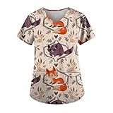 Cute Fox Printing Scrubs for Women 2024 Summer New Cute Print Scrubs Tops for Women Short Sleeve V-Neck Nursing Uniforms Stretchy Plus Size Medical Scrub Shirts (S-5xl) Black Large Khaki X-Large