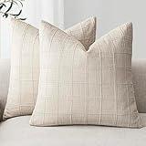 Foindtower Set of 2 Decorative Linen Check Throw Pillow Covers Neutral Farmhouse Vintage Cushion Covers Modern Boho Home Decor For Sofa Chair Couch Bedroom Living Room Outdoor,18×18 Inch,Natural Beige