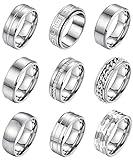 LOAYHOAY 9Pcs 8MM Stainless Steel Band Rings for Men Women Chain Rings Simple Brushed Wedding Engagement Rings Set 7-13 Silver Size10