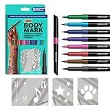 BODYMARK Temporary Tattoo Markers, 8-Count Color Collection, Skin-Safe & Cosmetic Quality, Cruelty-Free, Long-Lasting, Flexible Brush Tip, Stencils Included