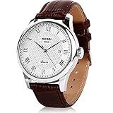 cofuo Mens Leather Band Quartz Watch, Men's Analog Business Working Roman Numeral Casual Waterproof Watches with Calendar Date Daily Dress Fashion Wristwatch - Brown