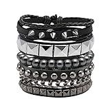 Eigso 4 Pcs Punk Leather Bracelet Hematite Black for Men Women Adjustable Spike Metal Cuff Bangle