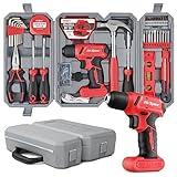 Hi-Spec 58pc Red 8V Electric Drill Driver & Household Tool Kit Set. A DIY Cordless Power Screwdriver