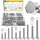 MYWISH 254Pcs Bolts and Nuts Assortment, 1/4 20 Bolt, 5/16 18 Bolt, 3/8 16 Bolt, Heavy Duty 304 Stainless Steel Bolts and Nuts Kit with Flat Spring Washers, Includes 10 Common Sizes, Fully Threaded