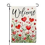 CROWNED BEAUTY Valentines Day Floral Garden Flag 12x18 Inch Double Sided for Outside Small Welcome Burlap Love Hearts Red Holiday Yard Decoration