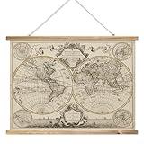 XIAOAIKA Vintage 17th Century World Map Print on Linen with Wooden Hanger, Retro Double Hemisphere Wall Decor for Home and Office, Amsterdam Edition, 39 x 29 Inches