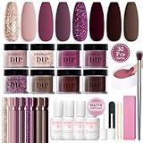 AZUREBEAUTY Dip Powder Nail Kit Starter Glitter Purple Nude Brown 8 Colors 30 Pcs with Nail Swatch Sticks, Dipping Powder Liquid Set Matte Top Coat for Fall Winter Nail Art Manicure Salon DIY Home