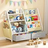 Twinkoo Kids Bookshelf and Toy Organizer, Sturdy 3 Tier Kids Bookcase, Sling Bookshelf and 2 Toy Bins, Toddler Montessori Book Shelf with Toy Storage Organizer for Children Room, Playroom, Nursery