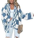 BTFBM Casual Cardigan Sweater for Women Fall 2025 Long Sleeve Open Front Chunky Knit Sweaters Checkered Outwear Coat(Grey Blue,X-Large)