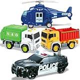 City Car Toy Playset of 4 Vehicles - Friction-Powered w/ Realistic Lights & Sounds - Includes Police Car, Garbage Truck, Construction Dump Truck & Helicopter - Toddler Boys Toy for Kids Ages 3-5