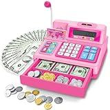 BAODLON Pretend Play Calculator Cash Register - 73 Pcs Pink Toy Cash Register, Microphone, Credit Card and Banking for Kids, Early Math Skills Toys Gifts for 3, 4, 5, 6 7 8+ Years Old Boys Girls