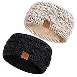 Hatromm Winter Headbands for Women Wool 2 Pack, Ear Warmers for Women Headband Knit Thick Fleece Lined, Cold Weather Warm Ear Muffs(Black+Beige)