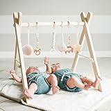 Wooden Baby Gym with 6 Gym Toys, Foldable Baby Play Gym, Natural Pine Wood Play Gym, Frame Activity Center Hanging Bar, Wooden Play Gym