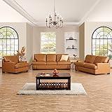 Naomi Home Siggy Genuine Leather Sofa - Set of 3 Luxurious Comfort, Goose Feather Cushion Filling, Square Arm Design, Sturdy Block Legs, Elegant Tan - Ideal for Living Room, Office, or Bedroom