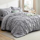 Bedsure Queen Comforter Set Grey - Bed in a Bag Queen Size 7 Pieces, GentleSoft™ Pintuck Bed Set Gift for Family, Pinch Pleat Grey Comforter with Sheets, Pillowcases & Shams