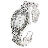 STC Silver Black Vintage Style Marcasite Rectangle Face Bangle Cuff Watch for Women