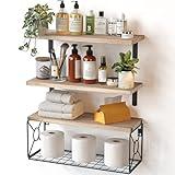 Amada Bathroom Shelves Over Toilet with Storage Basket, Floating Shelves Wall Shelves for Home Organization & Wall Decor, Bathroom/Kitchen/Living Room Shelves–Natural Wood