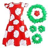Hawaiian Little Girls Costume Dress with 4 Pcs Luau Flower Leis Accessories Set Red Flower Hair Clips Toddler Halloween Party Cosplay Outfit for 4-5 Years