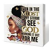 Christian Black Women Girl Art Desk Decor, African American Decor for Home Office Black Queen Living Room Bedroom Afro Women Decoration, Black Women Gifts, I See God Working, Wooden Box Sign