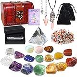 AMill 23PCS Natural Crystals and Healing Stones Set, 7 Raw Chakra Stones,10pcs Tumbled Stones, Pink Pillar Crystal Necklaces & Pendulum, White Pyramid & Pillar, 50g Stones Assorted, Wooden Box