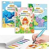 TECJOE 3 Pack Paint with Water Coloring Books for Toddlers, Watercolor Paint Set with 6 Brushes, Painting Activity for Kids Ages 4 5 6 7 8, Christmas Gift Arts & Crafts Toy, Princess, Forest & Sea